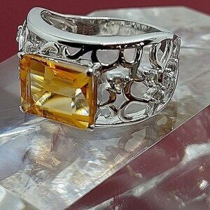 Natural Yellow Citrine‎ 10x8mm & White Topaz 925 Sterling Silver Ring Sz…